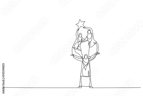 Cartoon of muslim woman help and support his team can climb up and reach the star. Single line art style