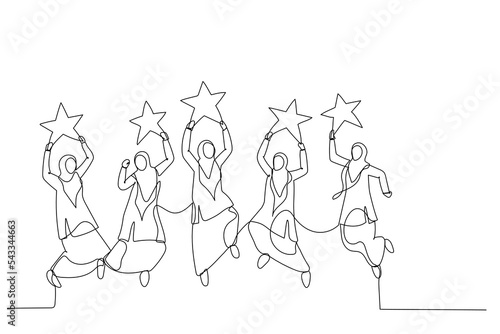 Drawing of muslim woman jumping and holding golden review stars. Metaphor for business rating. Single continuous line art