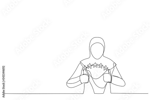 Drawing of muslim woman show thumb up expressing good job. Single continuous line art style