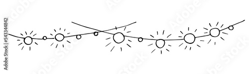 Simple hand drawn vector sketch in ink. Horizontal garland of glowing bulbs, bright lights. New Year, Christmas decor.