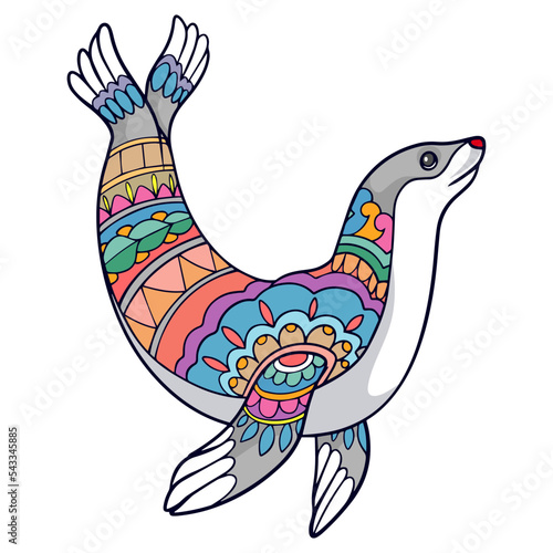 Colorful Cute Sea lion cartoon mandala arts isolated on white background