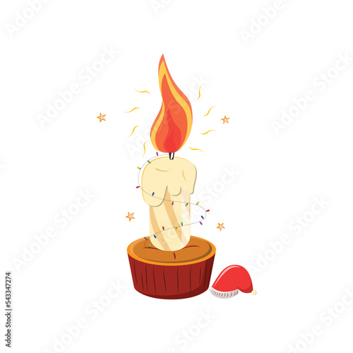 Round cylindrical candle with burning flames. Vector illustration isolated on white background. Perfect for coloring book, textiles, icon, web, painting, books.