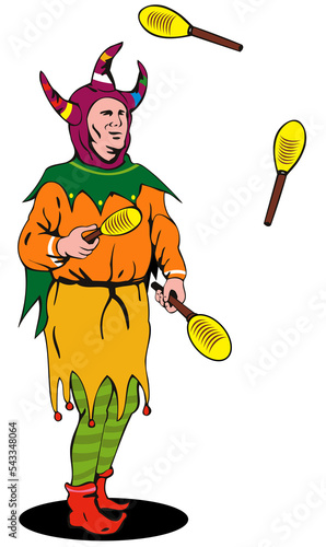 Illustration of jester juggling set in white background done in retro style.