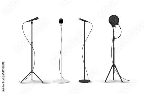 Microphones with stands set realistic vector illustration. Mic different shapes on counters