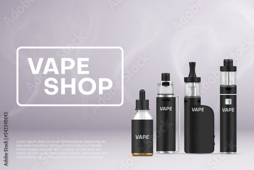 Vape shop promo banner realistic vector illustration. Vaping store electronic cigarette