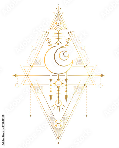 Vector card with golden esoteric symbol with crescent, star, sun and geometric decorations. Luxury image