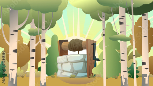 Stone well with wooden crossbar and rope for bucket. Autumn landscape with birch grove and forest. Rural water source. Cartoon fun style. Flat design. Vector.