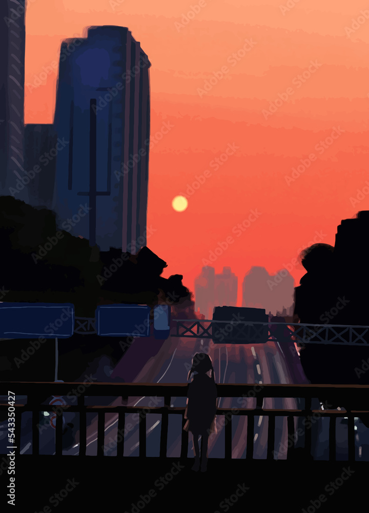 sunset from the city tower anime digital art illustration paint background  wallpaper ilustração do Stock