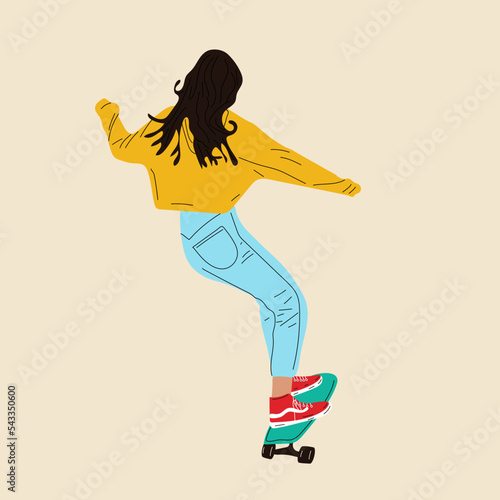 Girl on board. Girl ride on skateboard or longboard Trendy female teenager