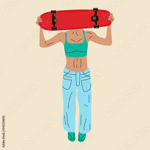 Girl on board. Girl ride on skateboard or longboard Trendy female teenager