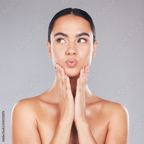 Skincare, lips care and beauty woman with facial cosmetics, luxury natural makeup or spa self care routine. Dermatology, healthcare and aesthetic model with clean glowing skin, wellness and puckering