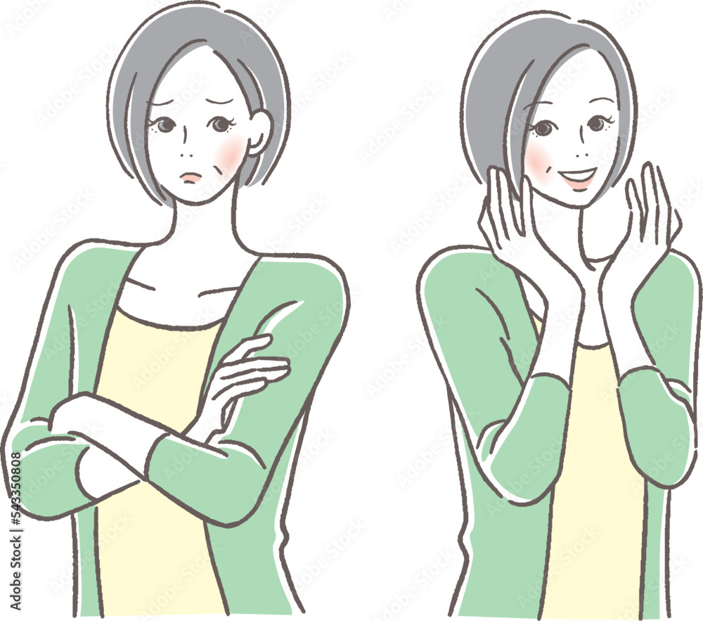 困った顔と笑顔のシニア女性のセット 困った顔と笑顔のシニア女性のセット