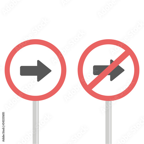 turn right and no turn right sign cartoon object on white background, vector illustration