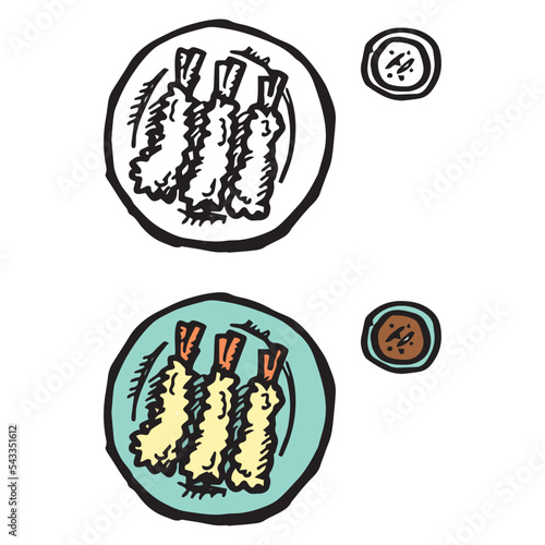 two style of cute fried shrimp, fried prawn, shrimp tempura, prawn tempura cartoon object on white background, vector doodle art