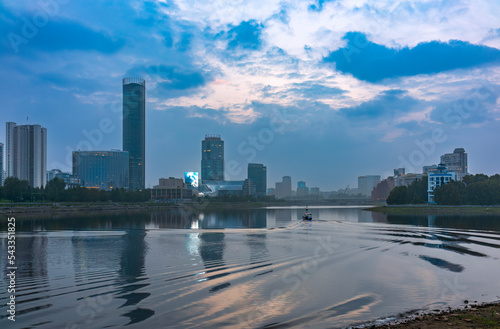 Sunset on a pond in the center of the city. Yekaterinburg, Russia photo