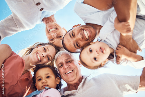 Obraz na plátně Happy big family, face and smile for fun bonding, quality time together or relationship in the outdoors
