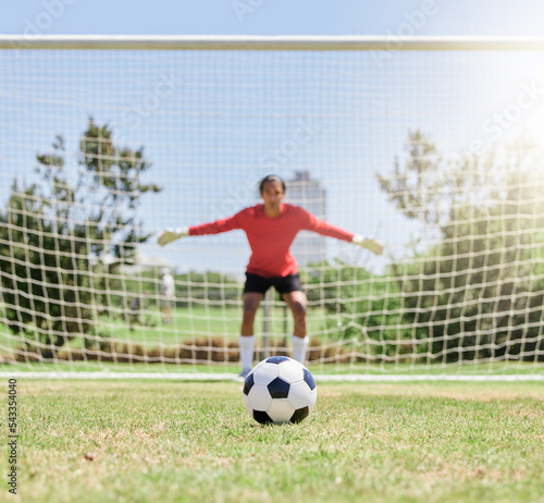 Soccer, sports and goalkeeper in defence for game, exercise and training at football pitch to stop goal outdoor. Professional male athlete or goalie with soccer ball on field for sport hobby