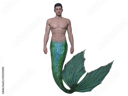 3D render: a fantasy handsome  merman character design, isolated , PNG transparent photo