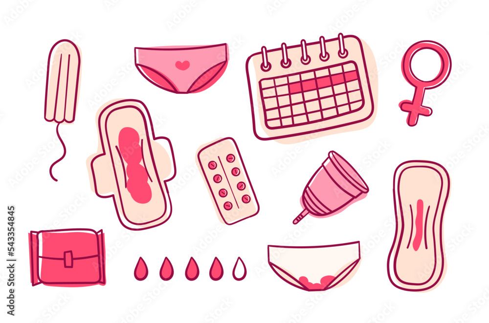 Set of menstruation product and related items in a doodle style - obrazy, fototapety, plakaty 