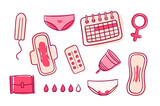 Set of menstruation product and related items in a doodle style