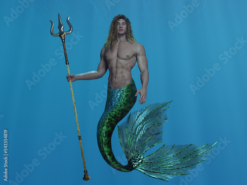 3D render: a fantasy merman creature character is under the deep blue sea, poseidon character with trident on hand