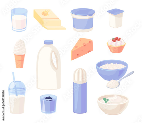 Set of dairy produce. Milk, butter and ice cream. And fermented milk products: sour cream, cottage cheese and yogurt