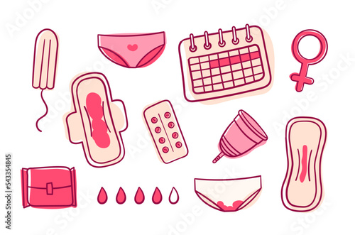 Set of menstruation product and related items in a doodle style photo