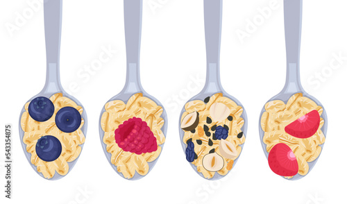 Set of spoons with porridge, muesli and berries