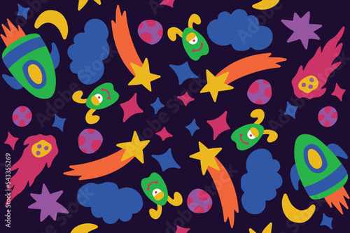 Cartoon Monster Space Rocket Pattern Background