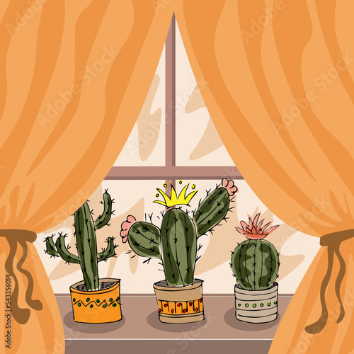home cacti blooming on the window sill - vector illustration, eps