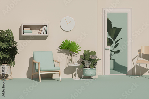 Pastel blue monochrome minimal living room. Minimal idea concept for study desk with armchair, plant pot, book. Stay at home and work from home concept, 3d rendering
