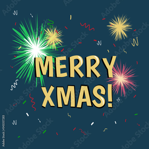 Golden stylized inscription Merry Xmas and Happy New Year 2023. Card, banner, social network template. Bright textural letters with reflections. Colorful fireworks on the background.