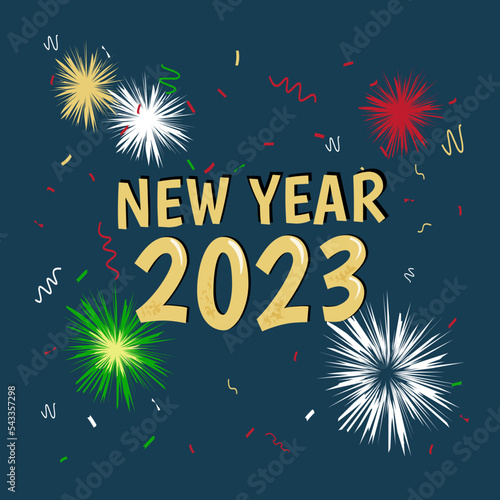 Golden stylized inscription New Year 2023. Card, banner, social network template. Bright textural letters with reflections. Colorful fireworks on the background.