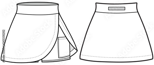 trail skirt flat sketch vector illustration womens sports skirt with compression tights for outdoor trail running, tennis, badminton, gym. trail skirt front and back technical cad drawing template