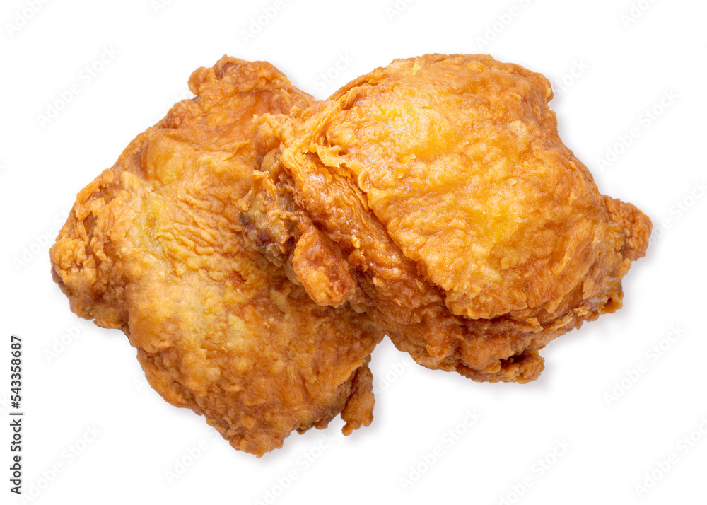 Fried chicken thighs isolated on white background, Fried chicken on white With clipping path. Fried chicken thighs isolated on white background, Fried chicken on white With clipping path.