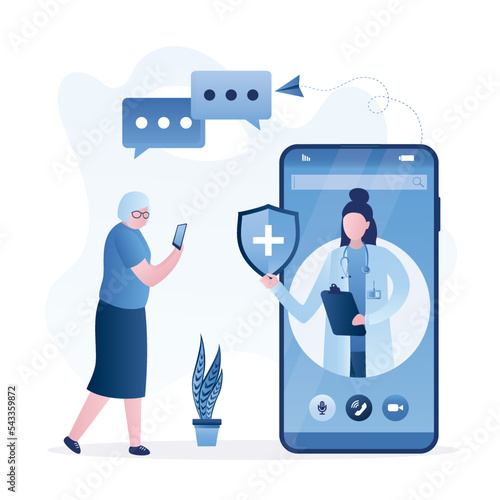 Grandmother talking with medical specialist. Telemedicine, doctor consult online. Old woman uses mobile application to communicate with medical worker. Remote appointment with doctor.