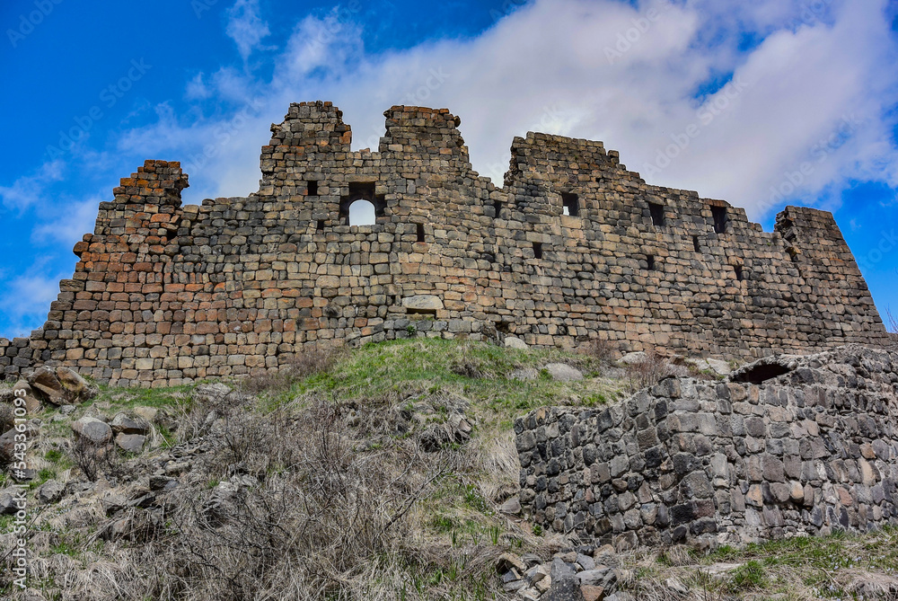 Fortress in the clouds, Amberd, a 7th-century fortress located on the slopes of mount Aragats at the confluence of the Arkashen and Amberd rivers in Aragatsotn province, may 3, 2019, Armenia.