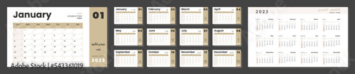 Hijri islamic 1444-1455 and Gregorian calendar for 2023. Vector Layout design in minimal style Arabic and English with week start sunday for print. Set of 12 calendar pages and annual calendar 2023.