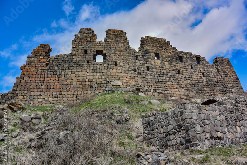 Fortress in the clouds, Amberd, a 7th-century fortress located on the slopes of mount Aragats at the confluence of the Arkashen and Amberd rivers in Aragatsotn province, may 3, 2019, Armenia.