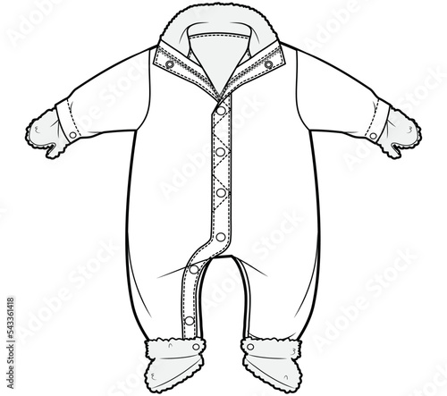 snowsuit for new born baby boys and girls fashion flat sketch vector illustration technical cad drawing template