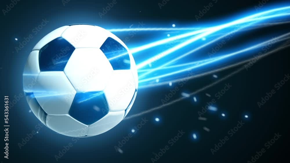 Soccer ball speed fast magic effect in blue flames and lights black background Stock Video