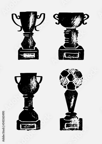 Cup trophy set icon, engraved style isolated. Competition, soccer match	