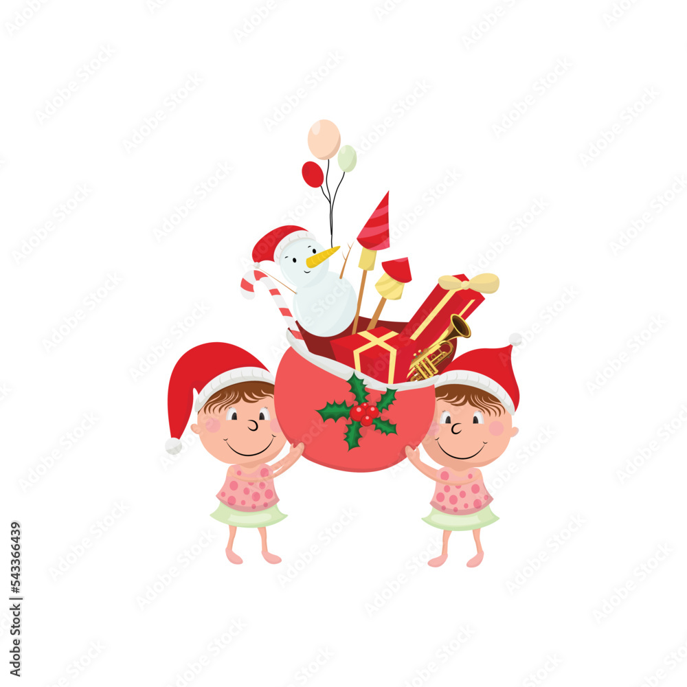 Kids holding Santa sack vector isolated on white background. Perfect for coloring book, textiles, icon, web, painting, books, t-shirt print.