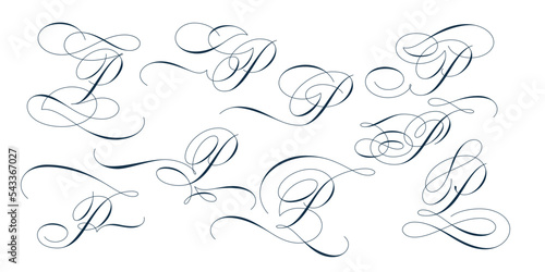 Set of beautiful calligraphic flourishes on capital letter P isolated on white background for decorating text and calligraphy on postcards or greetings cards. Vector illustration.