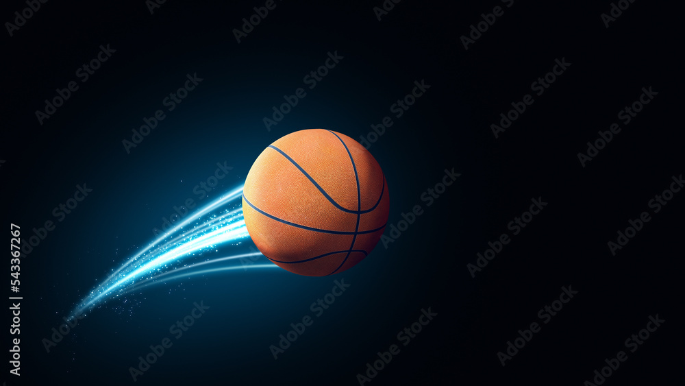 Basketball ball speed fast magic effect in blue flames and lights black background 3D rendering