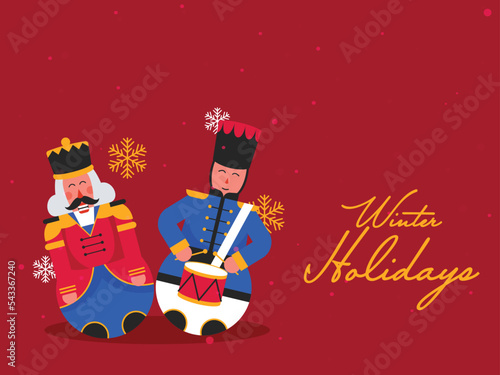 Winter Holidays Poster Design With Nutcracker Characters And Snowflakes On Red Background.