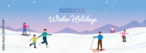 Cartoon People Enjoying Winter Holidays Like As Skiing, Ice Skating And Snowman On Gradient Snowy Mountain Background.