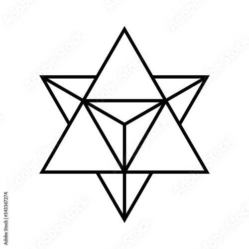 Merkaba symbol. Sacred geometry shape. Star tetrahedron. 3D object that is made out of two triangles facing opposite directions while placed within one another. Vector illustration, line icon clip art photo