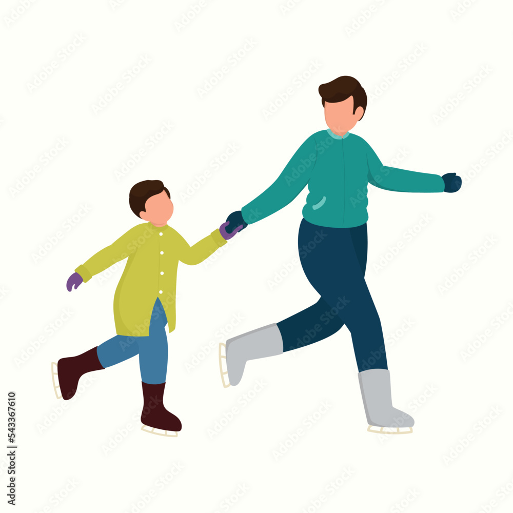 Faceless Young Man And His Son Ice Skating Together On White Background. Faceless Young Man And His Son Ice Skating Together On White Background.