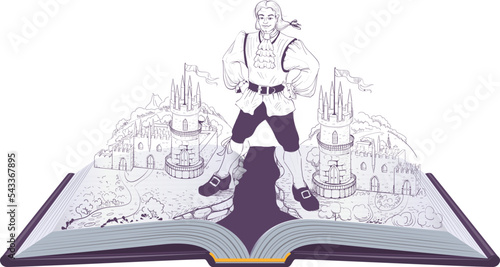 Tale of Gulliver open book illustration. Library literature education reading for children